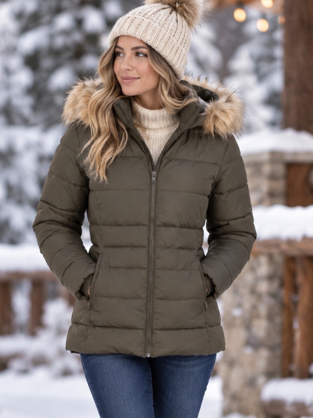 PULSE Olive Green Luna Mid-Length Fur lined Hood Puffer Jacket Size S